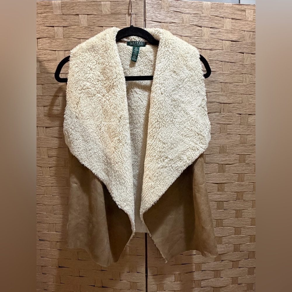 Ralph Lauren Cream and Tan Faux Shearling Vest EUC PL